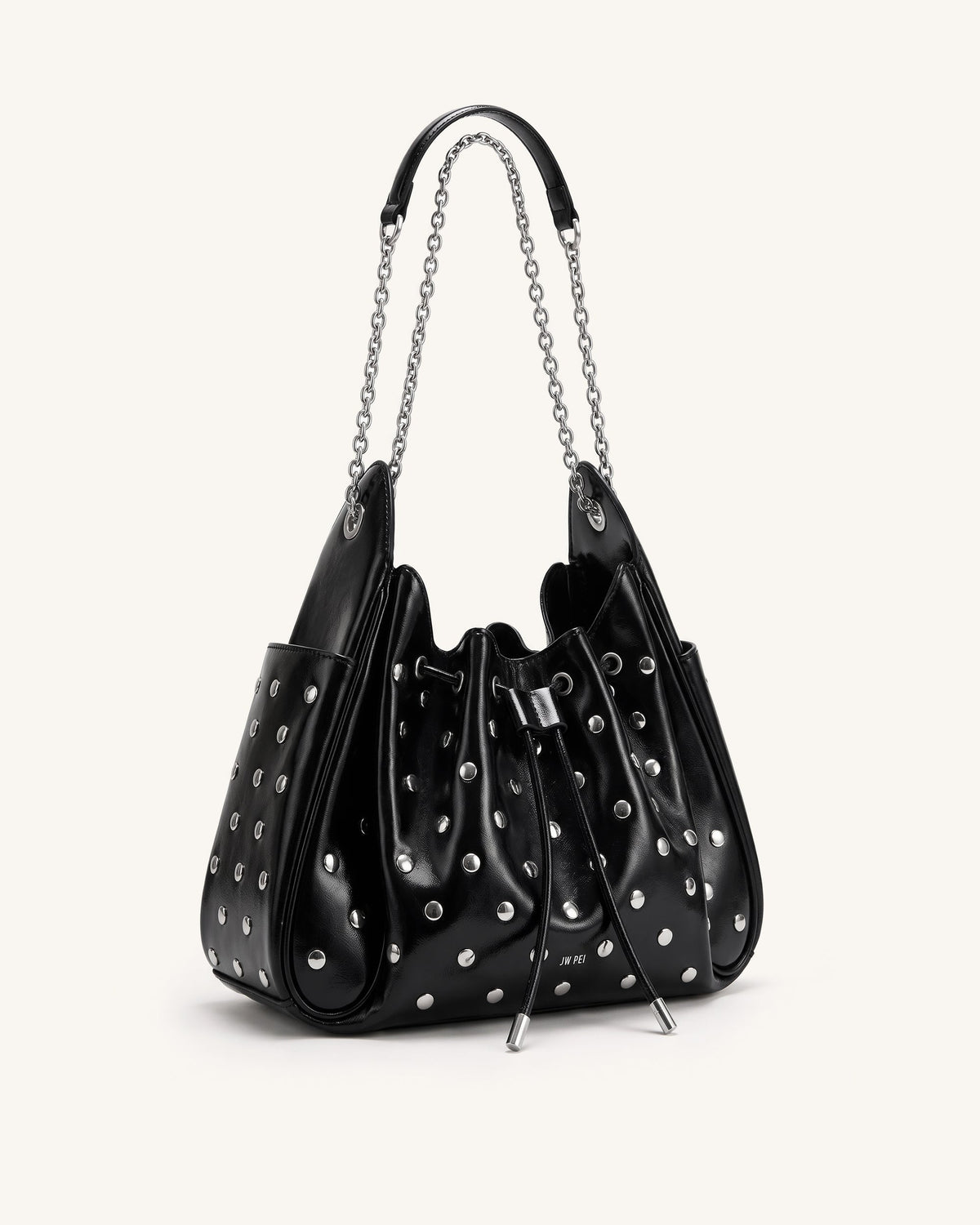 Rowan Studded Ruched Drawstring Chain Bucket Bag - Shiny Black