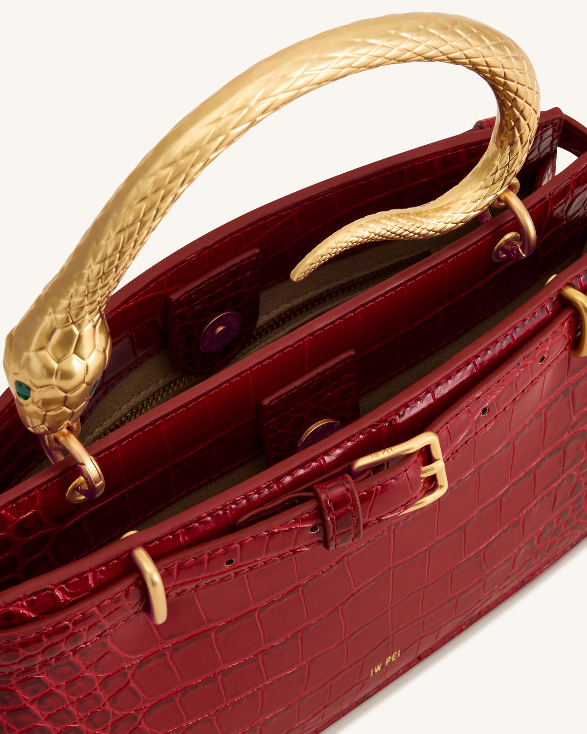 Elena Snake Handle Top Handle Bag - Burgundy Croc