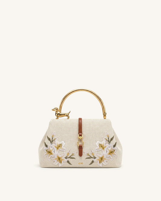 Bruna Dachshund Metal Handle Lily Embroidered Top Handle Bag - Brown Canvas