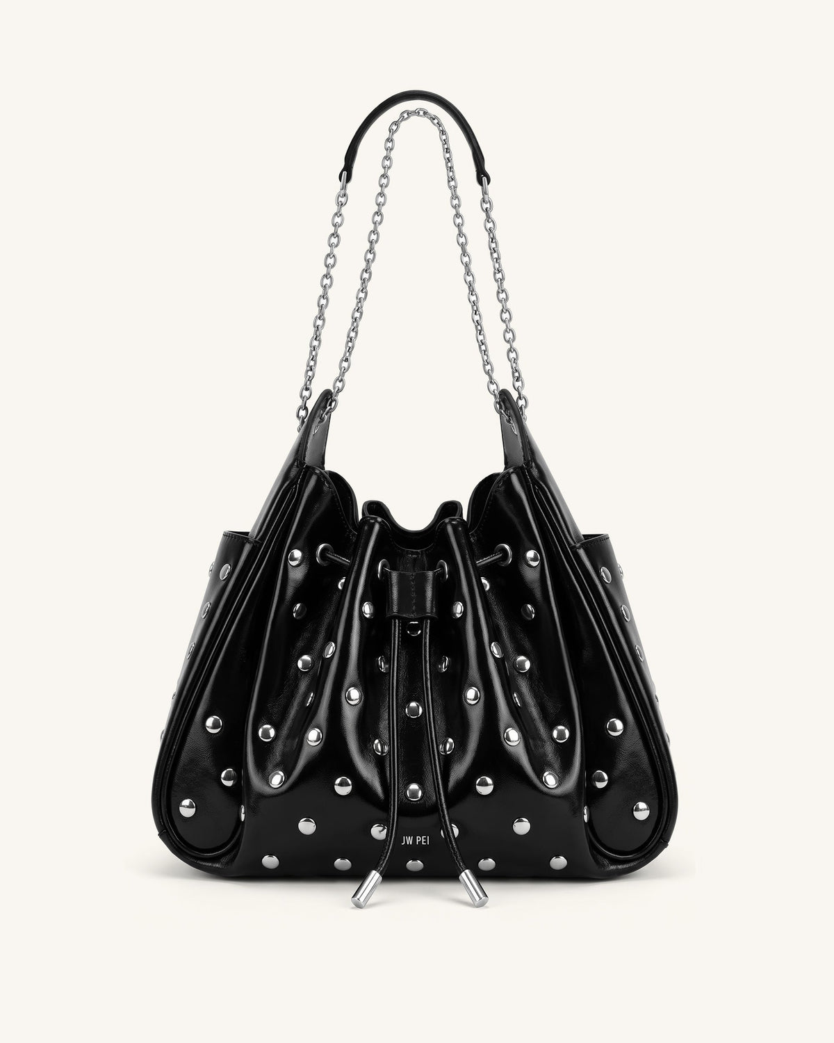 Rowan Studded Ruched Drawstring Chain Bucket Bag - Shiny Black