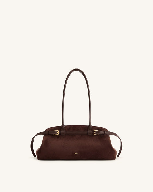 Arden Faux Suede Belt Detail East-West Shoulder Bag - Coffee Brown