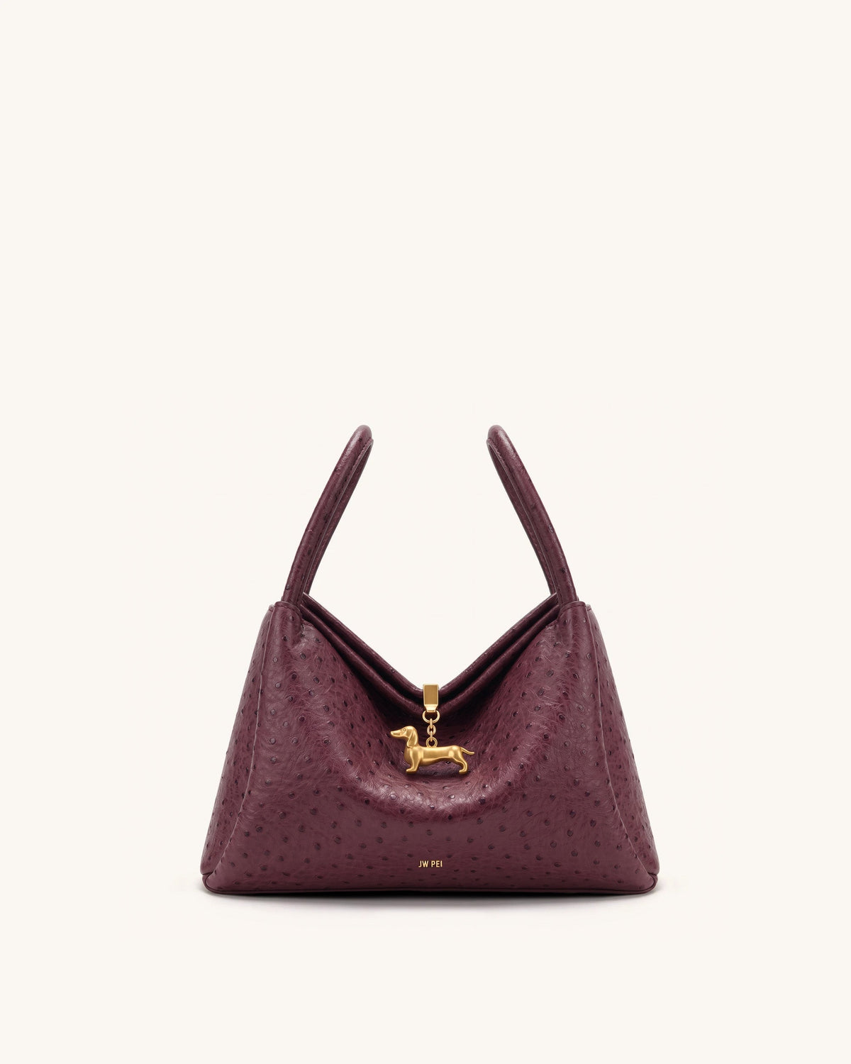 Maelle Faux Ostrich Grain Dachshund Charm Double Handle Bag - Berry Red