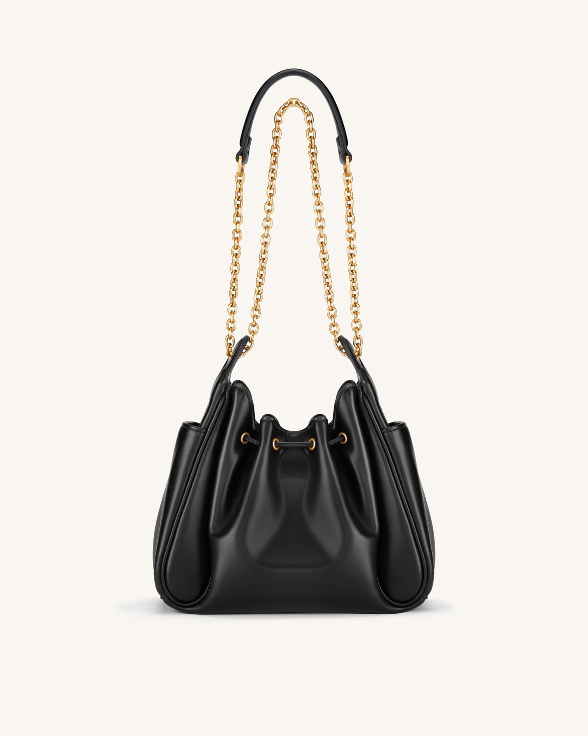 Rowan Ruched Drawstring Chain Bucket Bag - Black