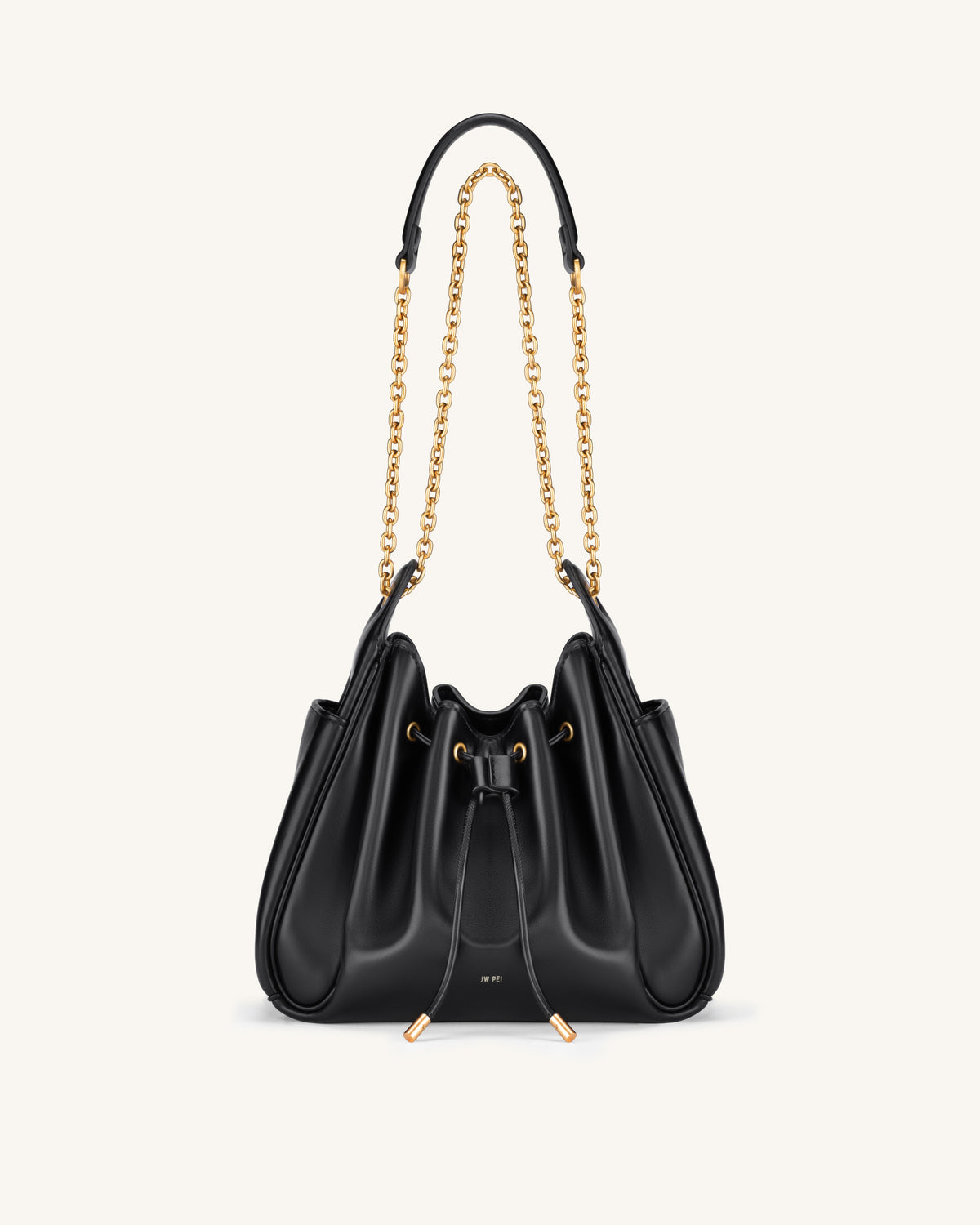 Rowan Ruched Drawstring Chain Bucket Bag - Black