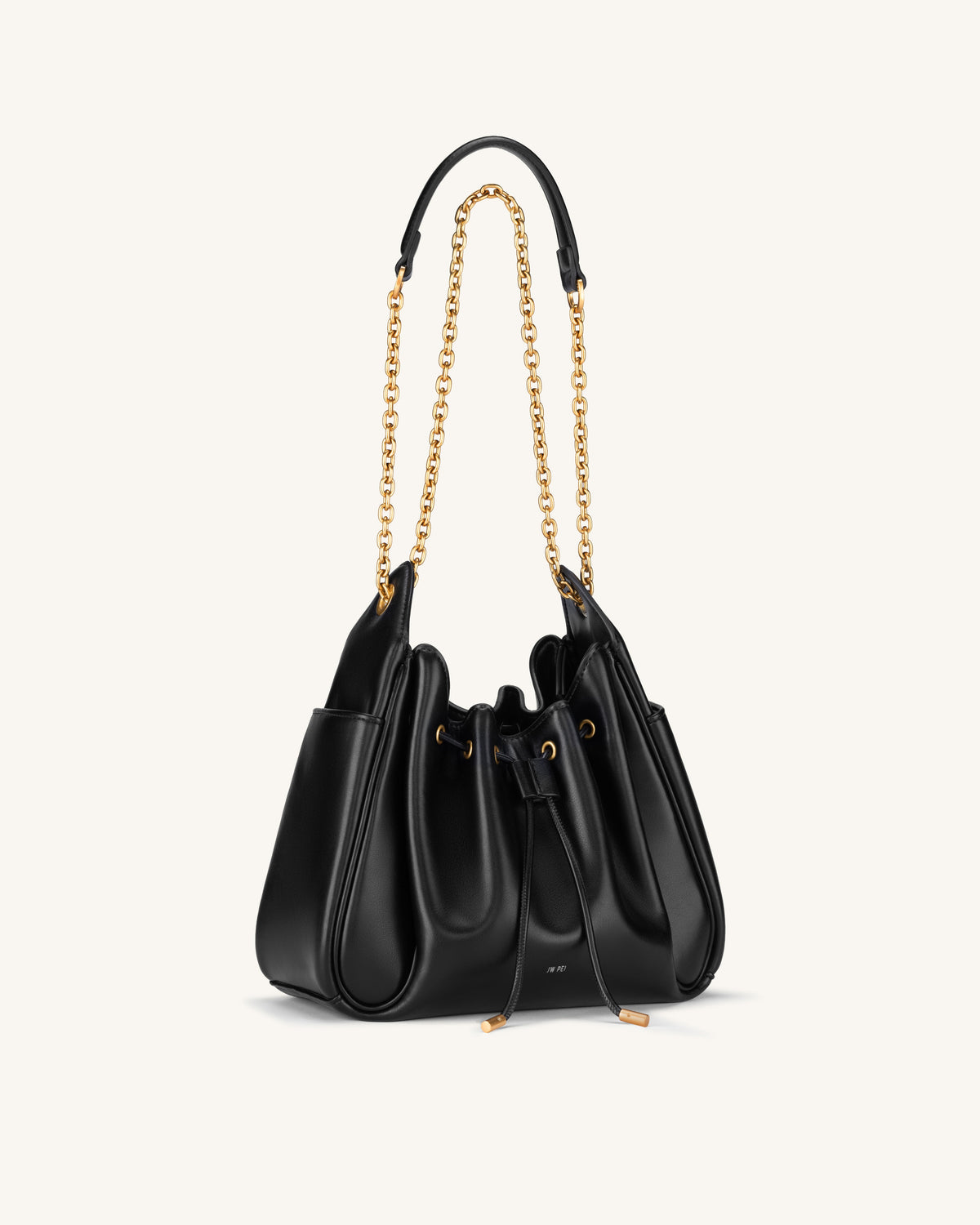 Rowan Ruched Drawstring Chain Bucket Bag - Black